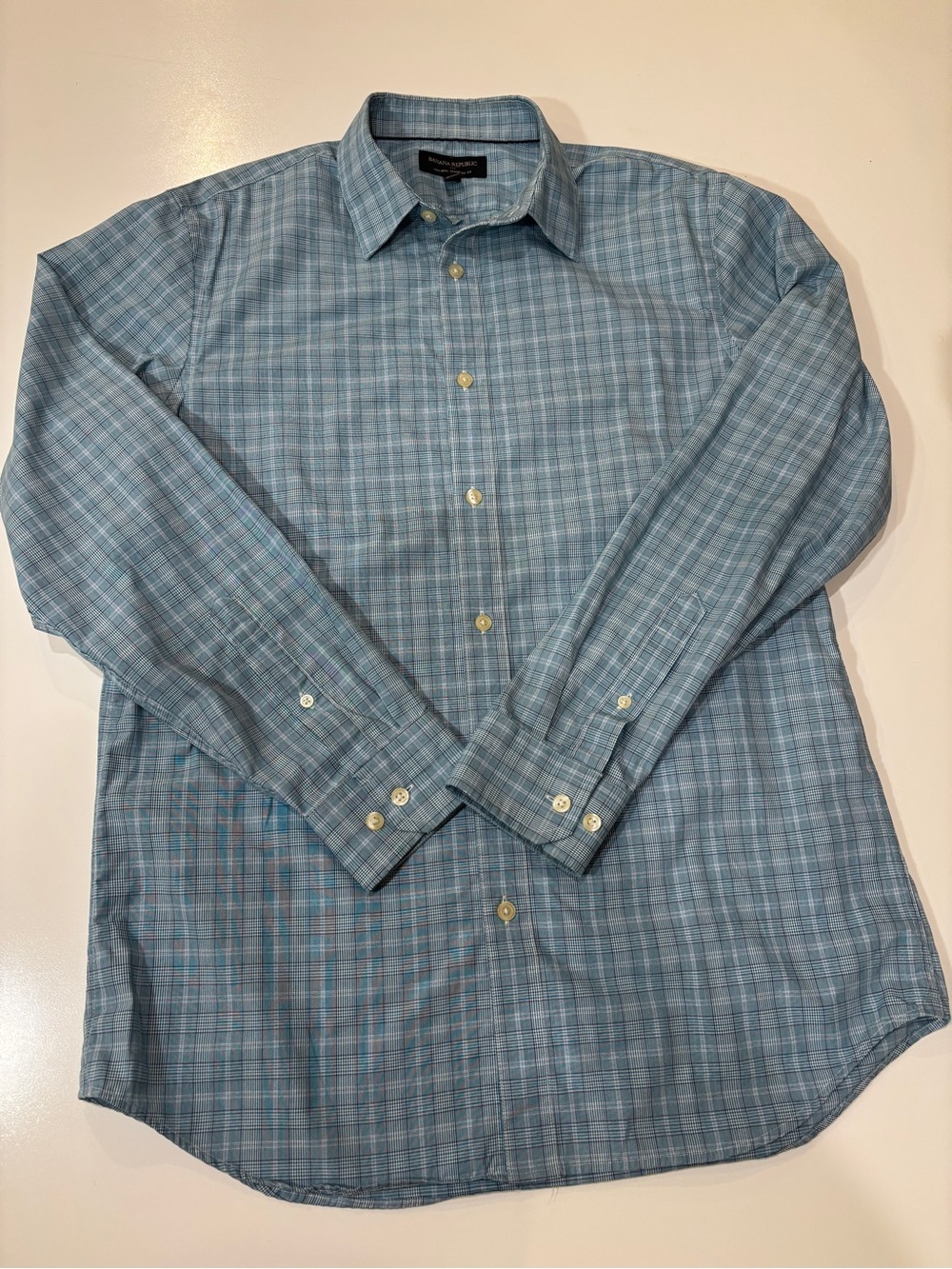 Banana Republic Teal Blue Plaid Buttondown Dress Shirt 15-15.5 Cotton Career